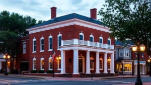 Historic brick hotel building with white columns and traditional entrance in small Pennsylvania town, evening light, charming street setting with vintage lampposts