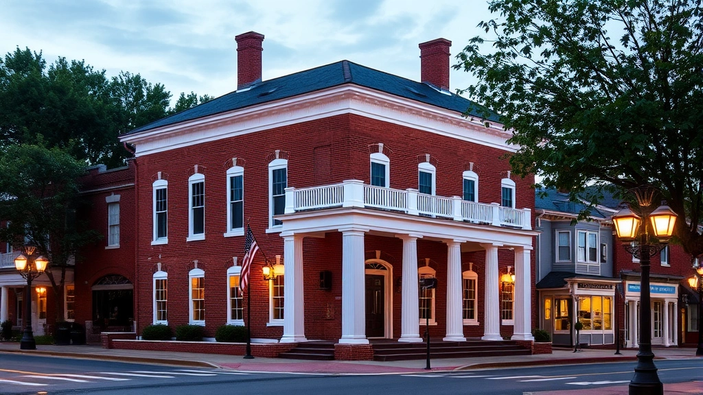 Historic brick hotel building with white columns and traditional entrance in small Pennsylvania town, evening light, charming street setting with vintage lampposts