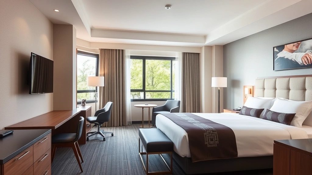 Modern comfortable hotel room interior with queen bed, work desk, neutral decor, bright windows showing trees outside, contemporary furnishings and clean aesthetic
