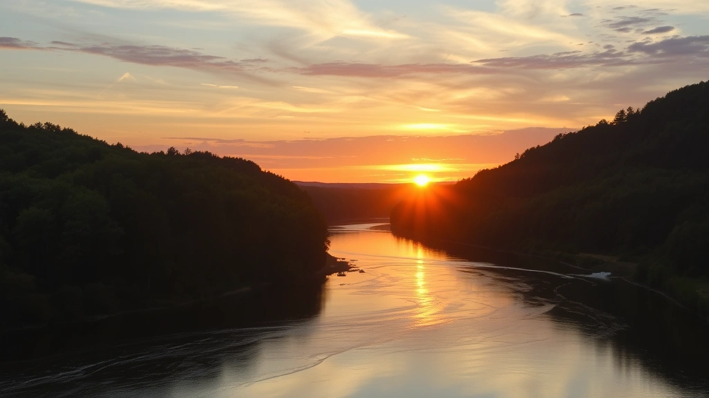 Scenic Susquehanna River landscape at sunset with forested riverbanks, peaceful water reflection, golden hour lighting, natural Pennsylvania countryside scenery