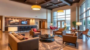 Modern hotel lobby in Longview Texas with comfortable seating, welcoming front desk area, warm lighting, professional interior design, clean contemporary furnishings