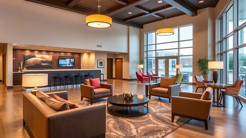 Modern hotel lobby in Longview Texas with comfortable seating, welcoming front desk area, warm lighting, professional interior design, clean contemporary furnishings