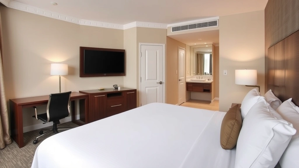 Spacious hotel guest room with queen bed, work desk, flat-screen TV, modern bathroom visible, neutral earth tone décor, business traveler friendly setup
