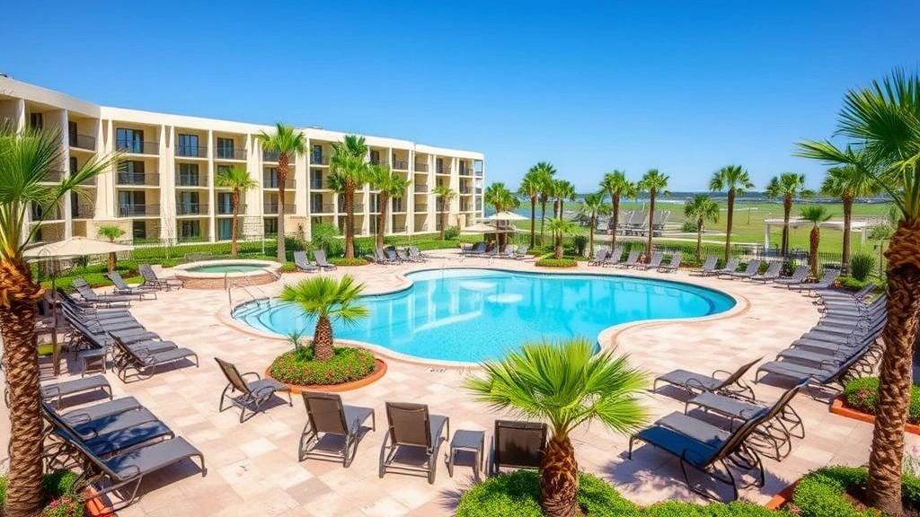 Hotel outdoor swimming pool area surrounded by lounge chairs, palm landscaping, clear blue water, sunny day, family-friendly recreational space, well-maintained grounds