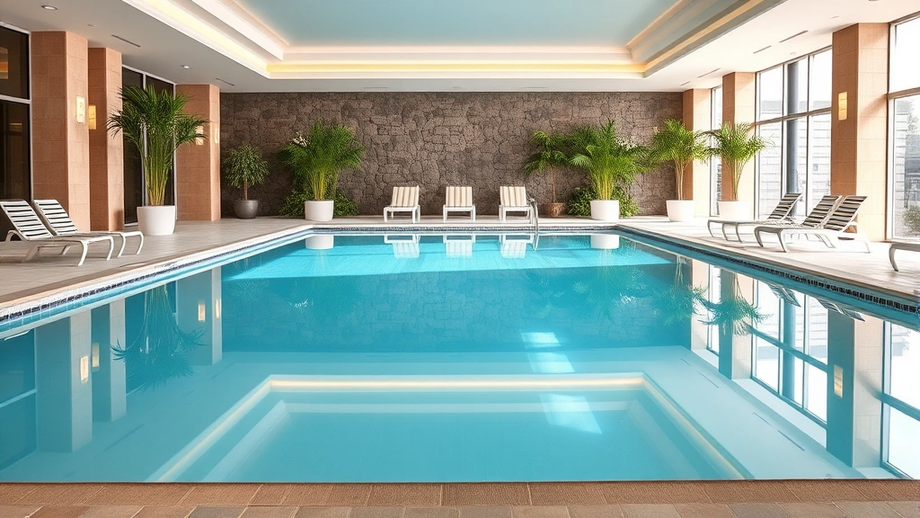 Indoor swimming pool with clear water, lounge chairs, and palm plants in upscale hotel facility