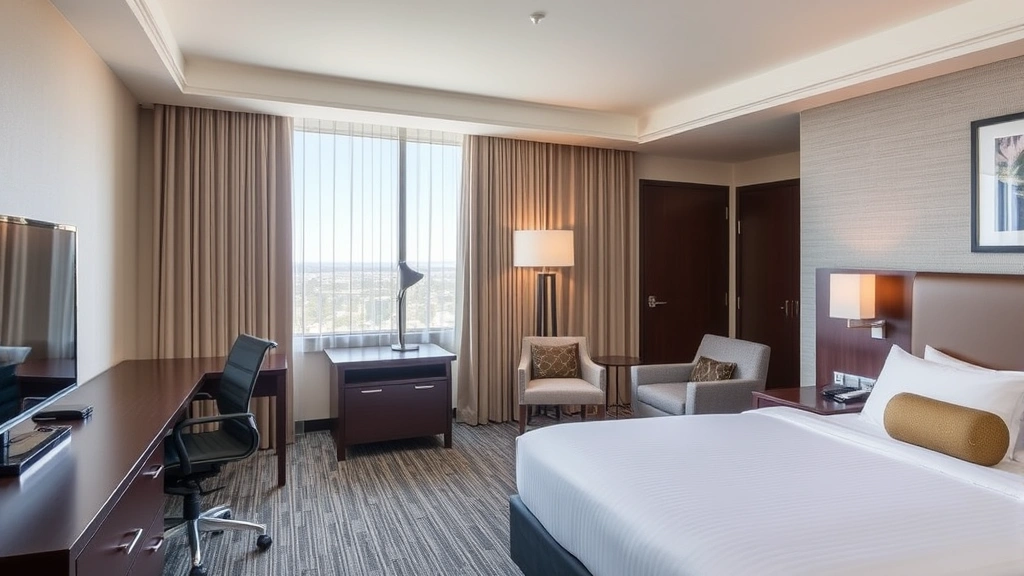 Spacious hotel room with king bed, work desk, flat-screen TV, and contemporary furnishings in business hotel