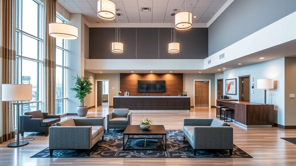 Modern hotel lobby with comfortable seating areas, contemporary lighting fixtures, and welcoming reception desk in a Midwestern business hotel setting