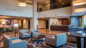 Modern hotel lobby with comfortable seating areas, professional reception desk, and warm lighting in Martinsburg West Virginia style