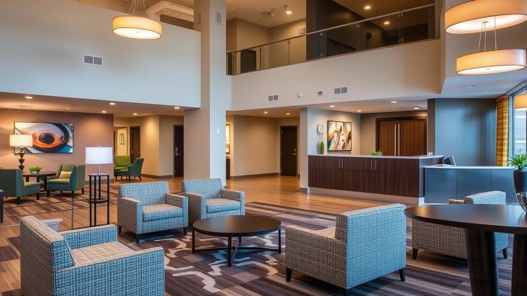 Modern hotel lobby with comfortable seating areas, professional reception desk, and warm lighting in Martinsburg West Virginia style