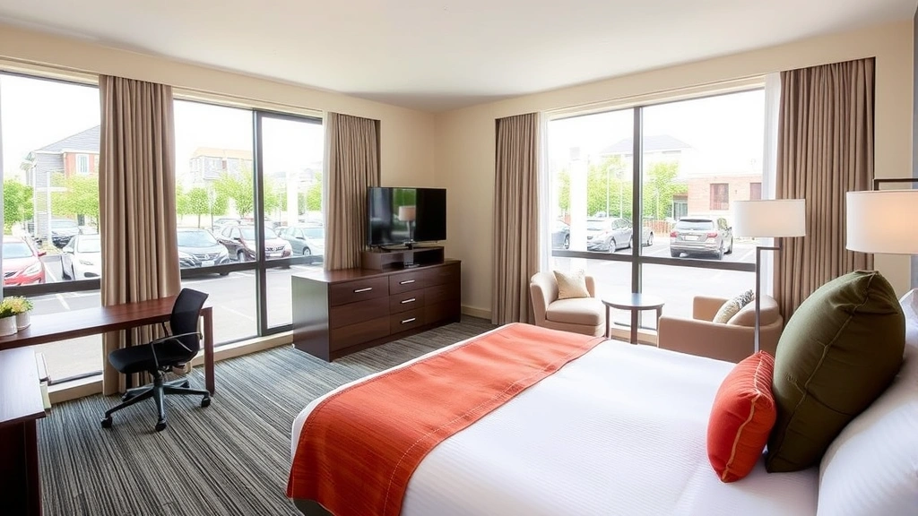 Spacious hotel room with queen bed, contemporary furniture, flat-screen TV, and bright windows overlooking parking area and trees