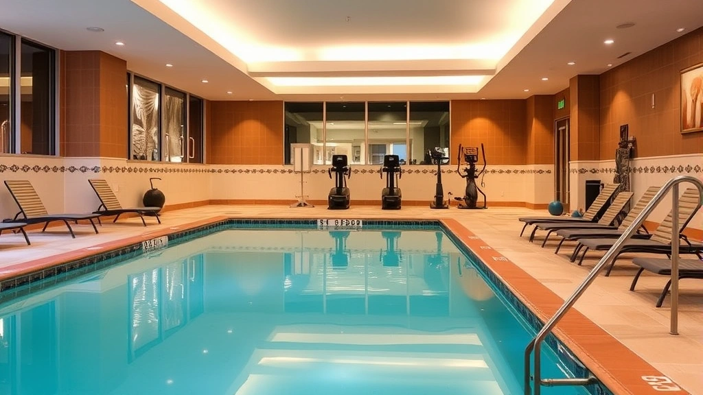 Hotel indoor pool area with clear water, surrounding lounge chairs, and fitness equipment visible in background, well-lit and clean
