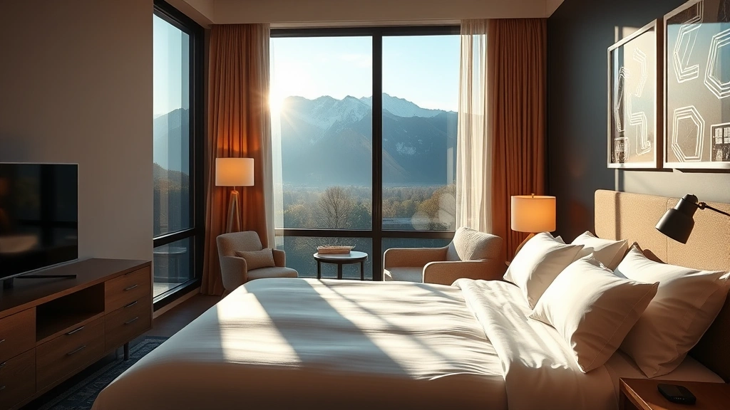 Cozy modern hotel room with mountain view through large window, warm lighting, comfortable bed with fresh white linens, contemporary furnishings, early morning natural light streaming in
