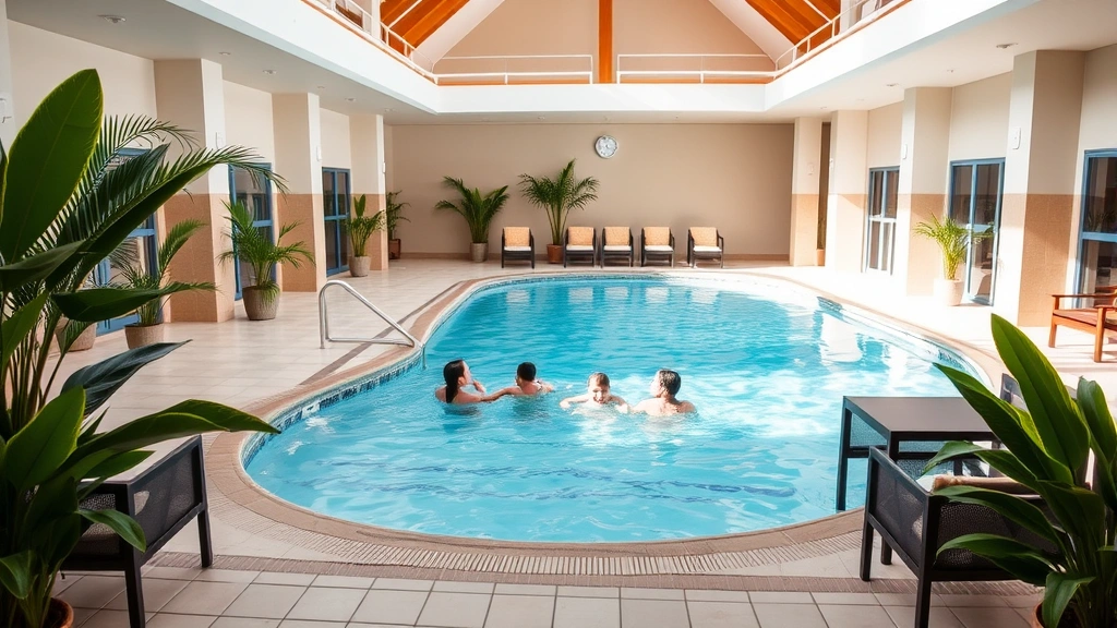 Family-friendly hotel indoor pool area with clear blue water, comfortable seating around pool deck, clean tile flooring, bright overhead lighting, tropical plants in corners