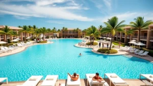 Luxury resort-style swimming pool with multiple sections, tropical palm trees surrounding the area, clear blue water, white lounge chairs with towels, families and adults relaxing poolside on a sunny day