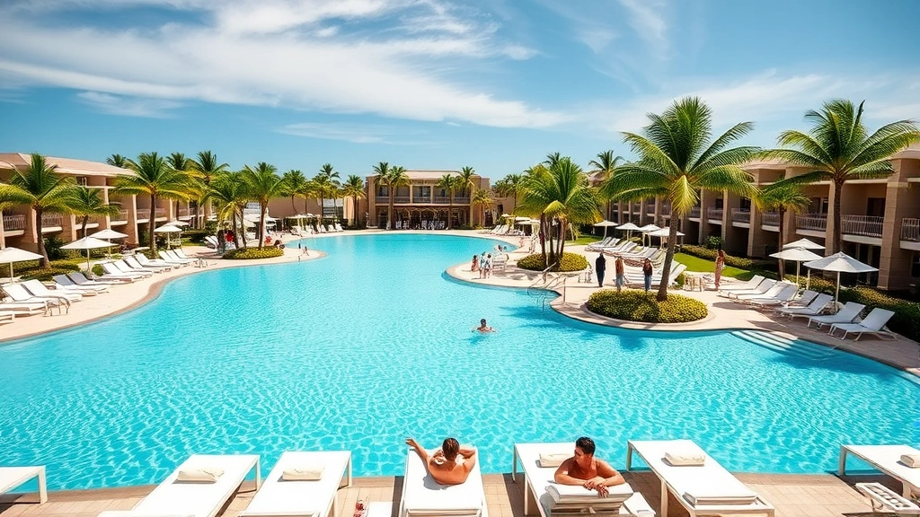 Luxury resort-style swimming pool with multiple sections, tropical palm trees surrounding the area, clear blue water, white lounge chairs with towels, families and adults relaxing poolside on a sunny day