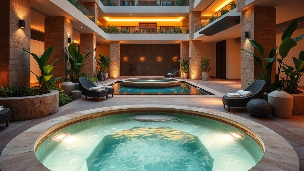 Modern hotel spa facility with hot tub surrounded by stone features, tropical plants, ambient lighting, clean and pristine water, peaceful relaxation environment with nobody in view