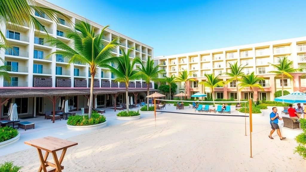 Beach-themed hotel courtyard featuring sand volleyball court, tropical landscaping with palm trees, resort furniture and cabanas, clear sunny weather, resort atmosphere with resort guests enjoying activities