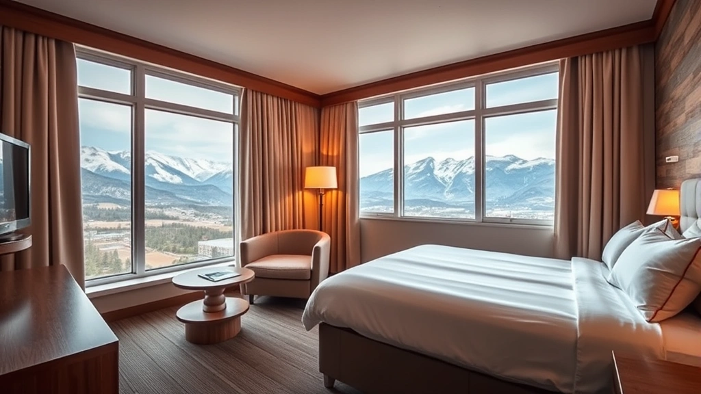 Cozy hotel room interior with mountain view windows, modern furnishings, comfortable bed with white linens, warm lighting, and mountain landscape visible through windows