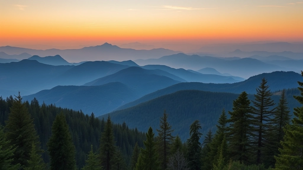 Scenic mountain landscape at sunset with rolling blue ridge mountains, evergreen trees, golden hour lighting, peaceful wilderness setting, no buildings or structures visible