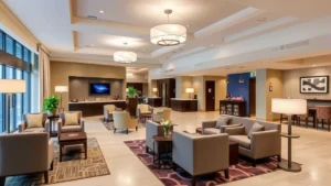 Modern hotel lobby with elegant furnishings, comfortable seating areas, contemporary lighting fixtures, and welcoming atmosphere in a mid-size Illinois property