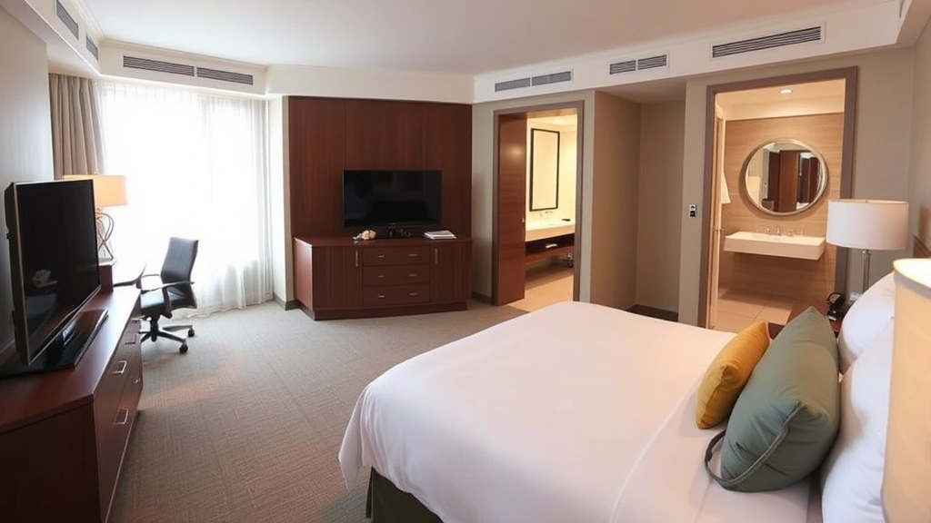 Spacious hotel guest room with premium bedding, work desk, flat-screen television, and modern bathroom visible through open doorway, neutral color palette