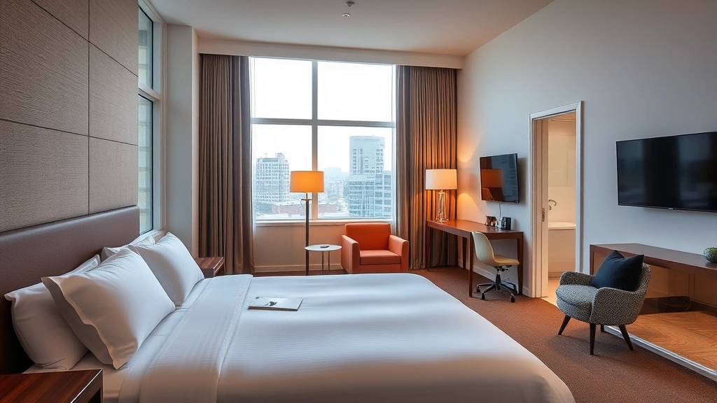Modern hotel room interior featuring comfortable queen bed, contemporary furnishings, large windows with natural light, clean bathroom visible through open door, neutral color palette