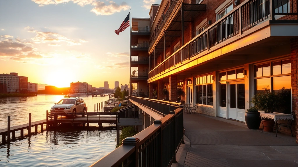 Natchez riverfront hotel exterior with Mississippi River views, riverside walkway with railings, historic buildings in background, golden hour sunset lighting, peaceful water reflection