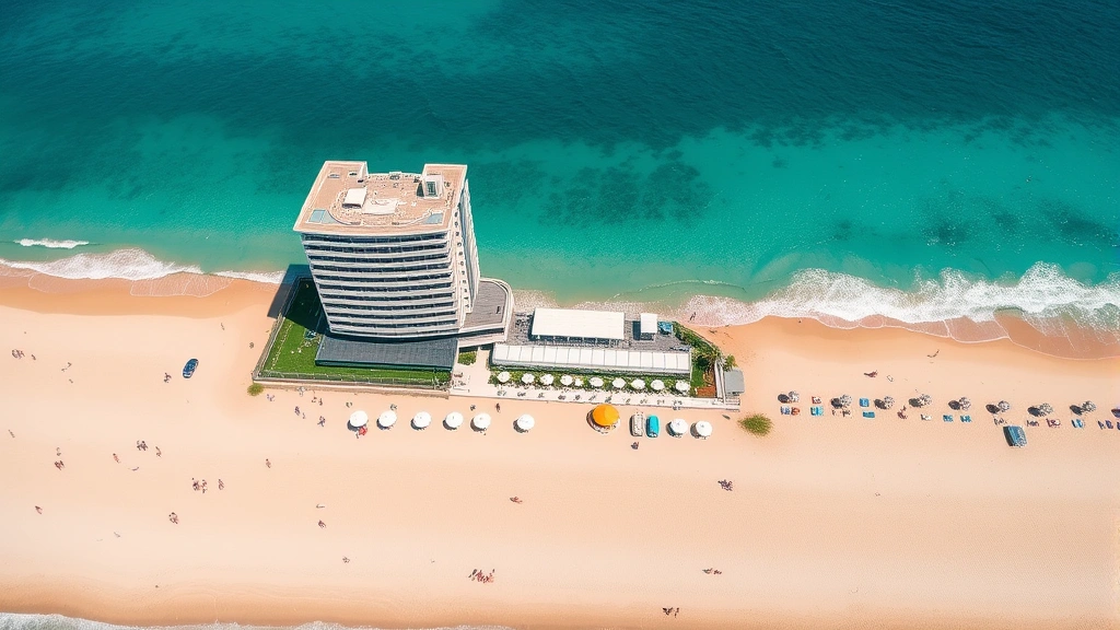 Aerial view of modern oceanfront hotel with beachgoers enjoying sandy beach, clear blue Atlantic waters, and sunny coastal atmosphere with white umbrellas