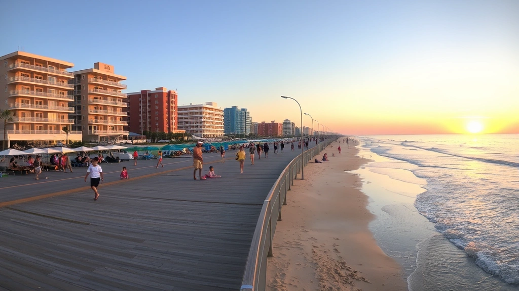 Panoramic boardwalk scene with beachfront hotels in background, families enjoying beach activities, colorful beach umbrellas, and waves at sunset