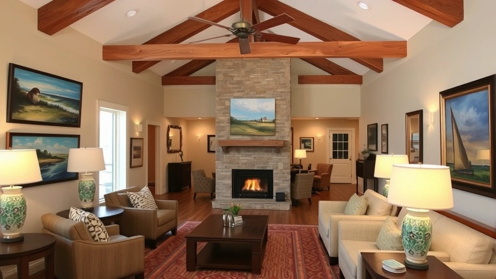 Cozy boutique hotel lobby with local artwork on walls, wooden beams, comfortable seating, warm lighting, Gulf Coast cultural décor elements