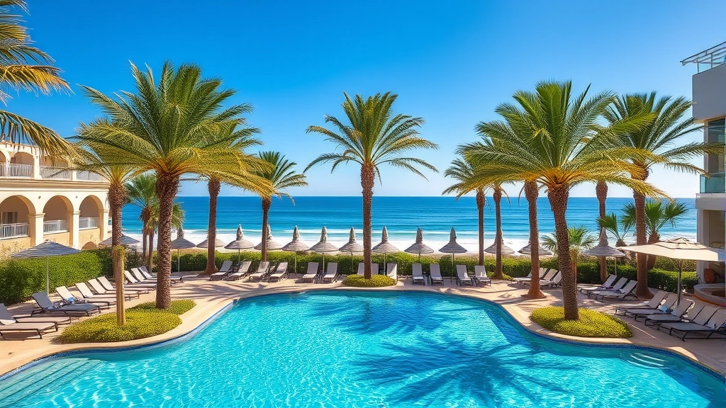 Family-friendly hotel pool area with palm trees, lounge chairs, clear blue water, beachfront view in background, bright sunny day