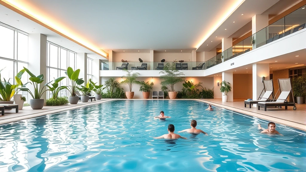 Modern indoor hotel pool with heated water, tropical plants, lounge chairs, bright ceiling lights, families swimming, calm blue water, contemporary design, daytime indoor setting