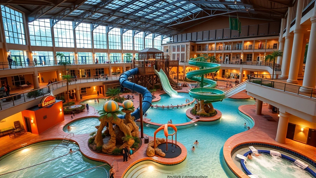 Spacious luxury indoor aquatic center with multiple pool levels, water slides, lazy river section, hot tub area, warm atmospheric lighting, vacation resort ambiance, guests enjoying facilities