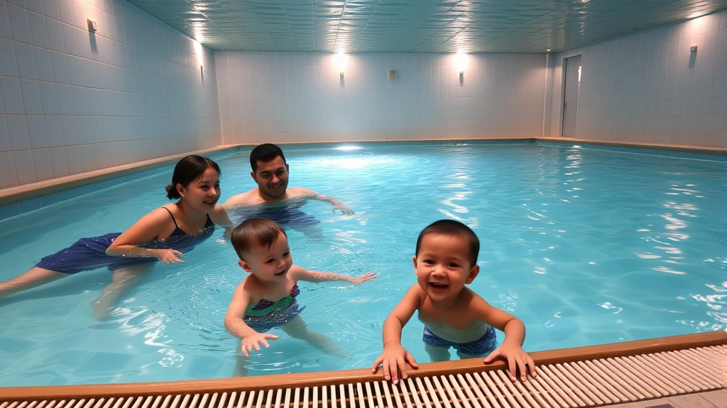 Family enjoying heated indoor hotel pool with children playing in shallow water area, parents supervising, underwater lighting, clean tile surroundings, comfortable pool environment, relaxation atmosphere
