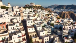 Aerial view of Plaka district Athens showing white and cream neoclassical buildings clustered on hillside with Acropolis visible in background, narrow winding streets between buildings, Mediterranean sunlight creating dramatic shadows