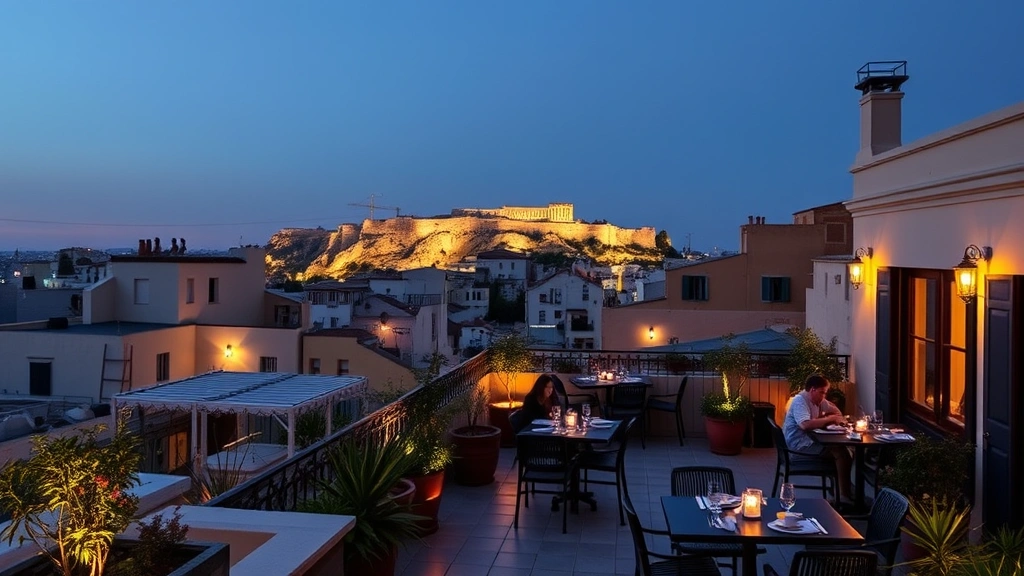 Rooftop terrace of boutique hotel in Plaka with comfortable seating, potted plants, evening lighting, Acropolis illuminated in distance, diners at tables, warm atmospheric ambiance, traditional Greek architecture visible