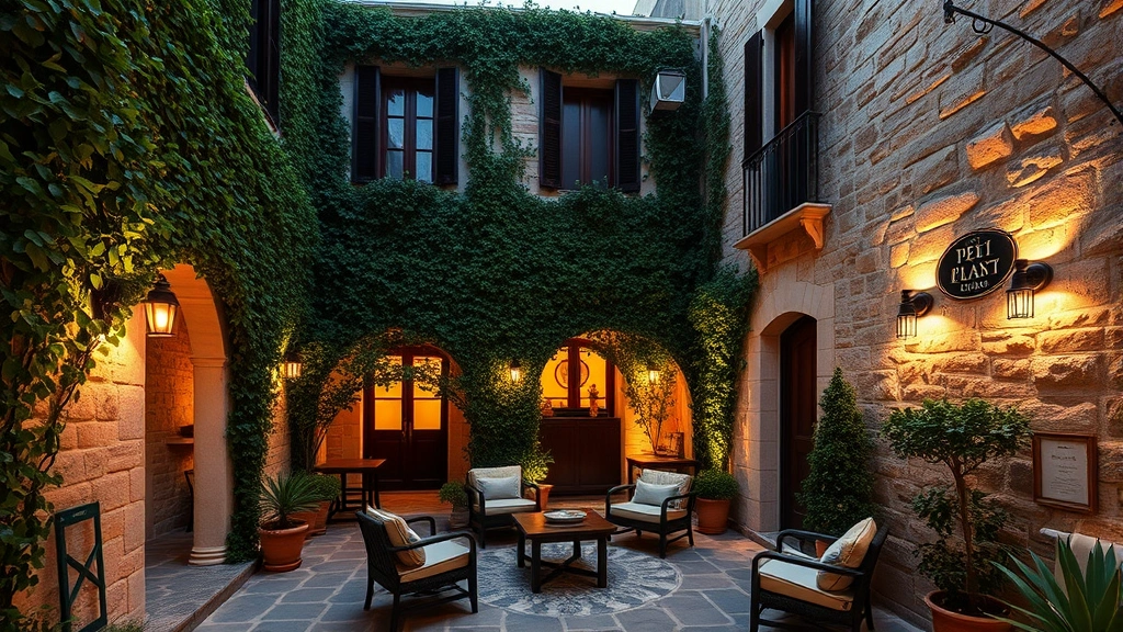 Interior courtyard of historic Plaka hotel showing restored stone walls, ivy-covered surfaces, ambient lighting, comfortable seating areas, traditional Greek design elements, peaceful atmospheric setting with no visible text or signage