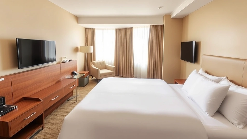 Modern hotel room with comfortable queen bed, clean white bedding, wooden nightstands, flat-screen TV on wall, and neutral tan and beige color scheme in bright natural daylight