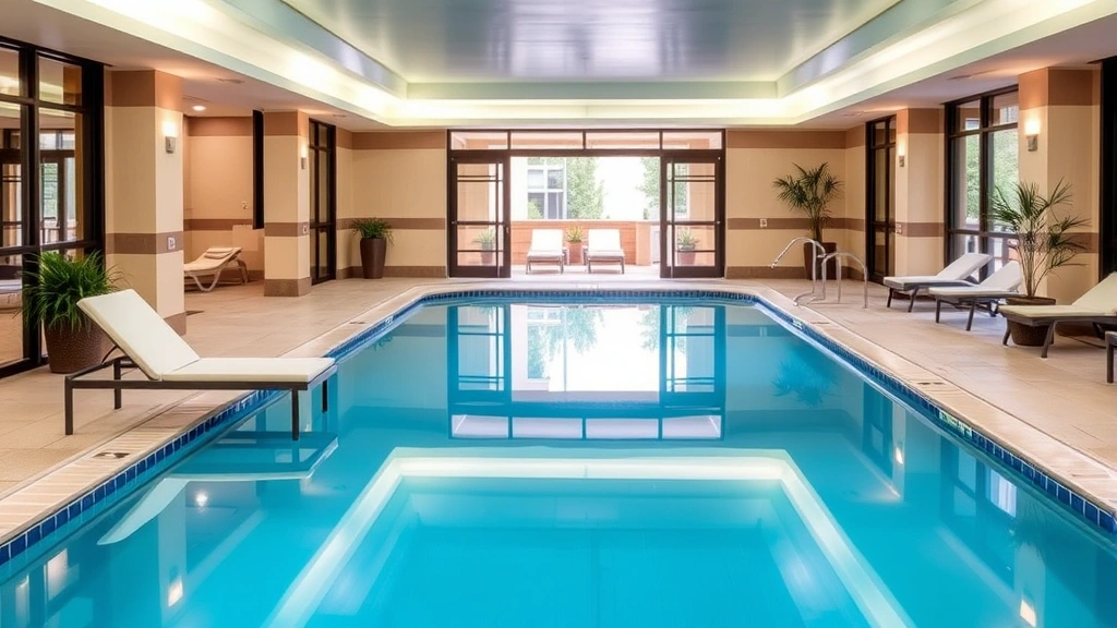 Indoor hotel pool area with clear blue water, lounge chairs with white cushions, glass doors to outdoor patio, potted plants, and bright overhead lighting