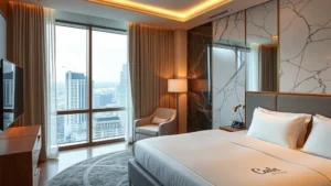 Modern hotel room interior with marble accents and city view windows, contemporary Italian design, neutral tones with accent lighting, professional photography