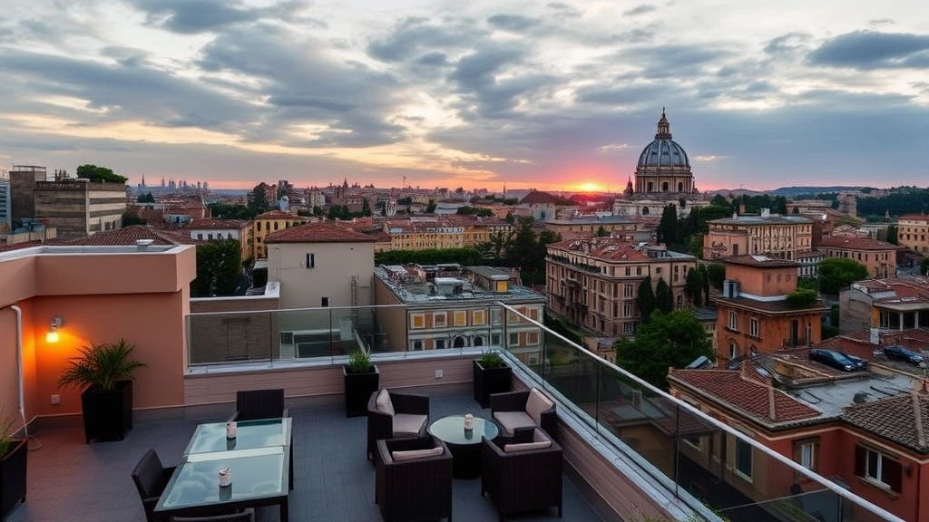 Hotel rooftop terrace overlooking Rome cityscape at sunset, architectural dome views, comfortable seating areas, warm evening light, urban residential backdrop