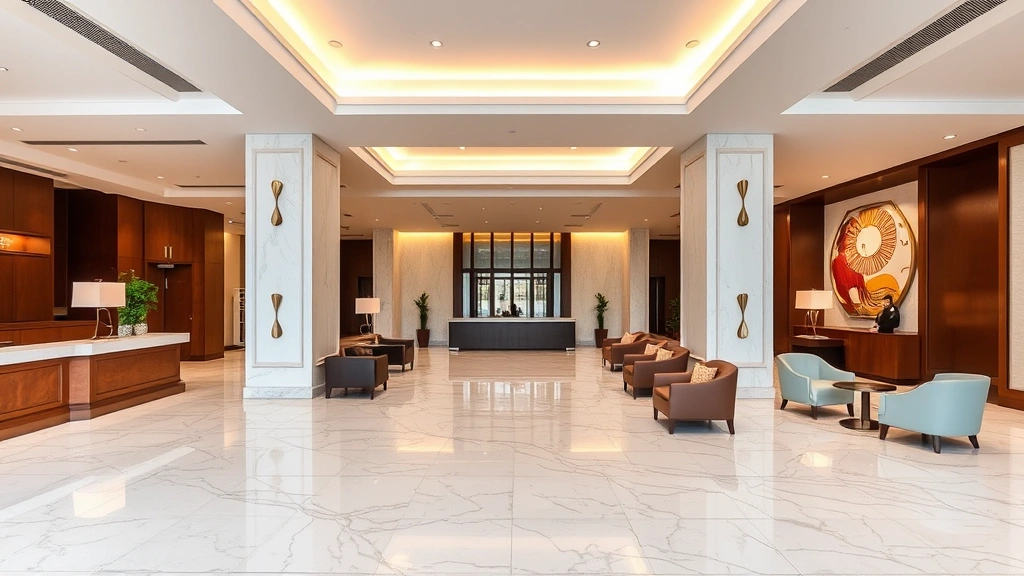 Contemporary hotel lobby with minimalist design, marble flooring, comfortable seating, warm ambient lighting, professional hospitality environment, European architectural style