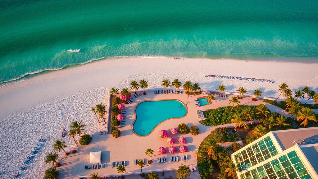 Aerial view of beachfront hotel with turquoise pool overlooking Gulf of Mexico, white sandy beach, colorful beach umbrellas, palm trees, and calm Gulf waters during golden hour