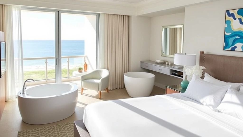 Modern hotel suite interior featuring king bed with premium linens, private balcony with Gulf view, contemporary bathroom with soaking tub, coastal color palette of whites and soft blues