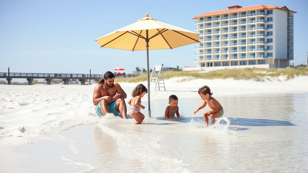 Family enjoying beach day near hotel boardwalk, parents relaxing under umbrella while children play in shallow water, lifeguard stand visible, pristine white sand, clear sky, hotel building visible in background