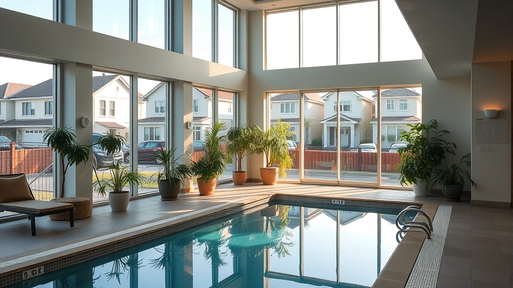 Indoor hotel swimming pool with lounge area, potted plants, and bright windows overlooking a residential area during daytime
