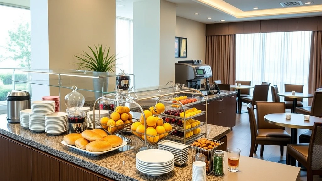 Hotel breakfast buffet spread with fresh pastries, fruit, coffee service, and dining tables in a bright hotel breakfast room