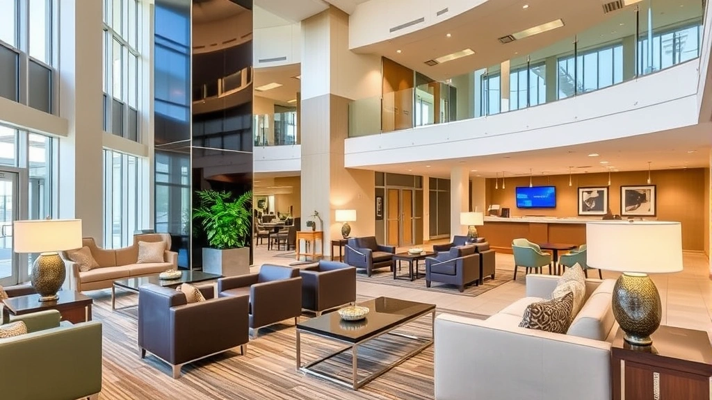 Modern hotel lobby in Santa Clara with contemporary furniture, glass accents, and professional ambiance. Neutral color palette with comfortable seating areas. Bright, welcoming interior space suitable for business and leisure travelers.