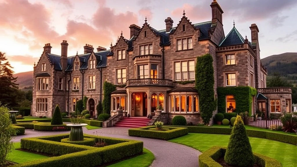 Luxury stone castle hotel exterior with manicured gardens, Scottish Highlands landscape, golden hour lighting, architectural details visible
