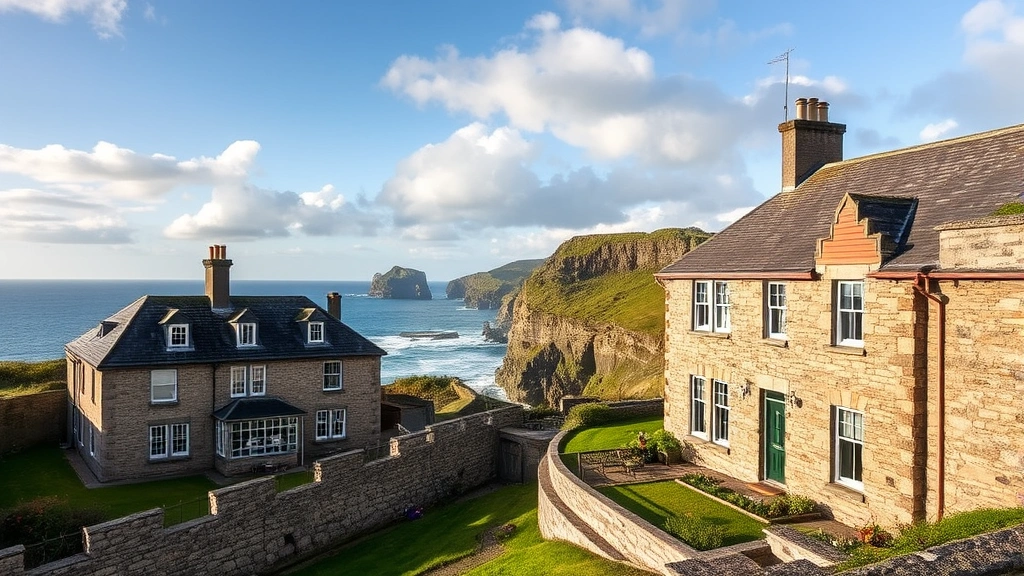 Coastal seaside hotel overlooking Scottish cliffs and ocean, dramatic landscape, weathered stone architecture, natural light streaming through windows
